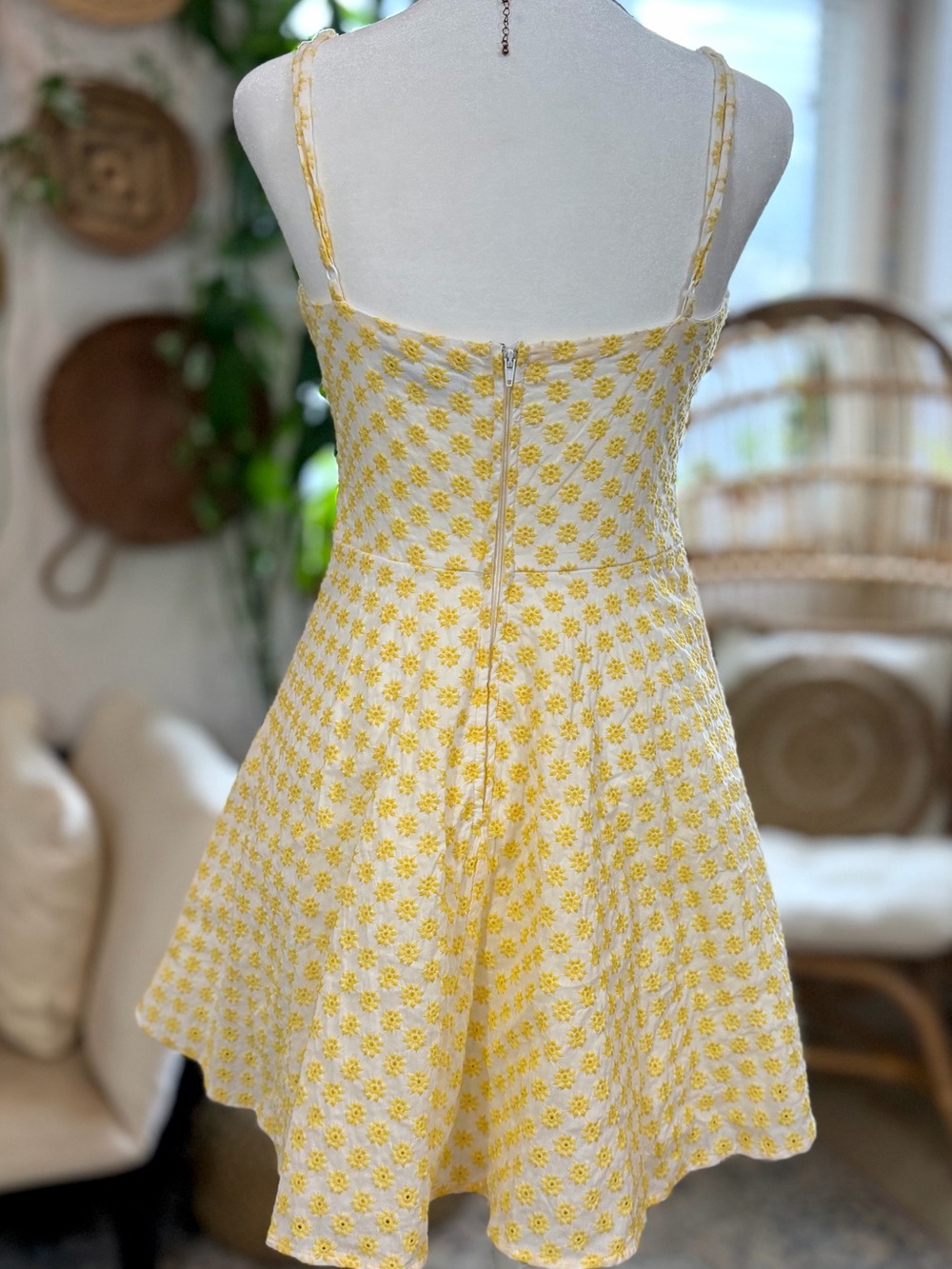 White Yellow Floral Eyelet Sundress 100%Cotton Flare Sorority Rush Cottagecore 5 - Picture 5 of 10